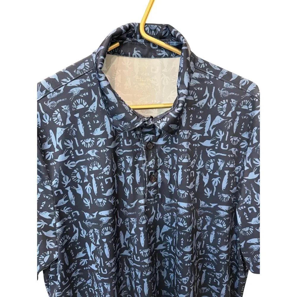 ✨ HUK Men XL Blue Performance Fishing Polo Shirt Fish Print Short Sleeve EUC 🎣